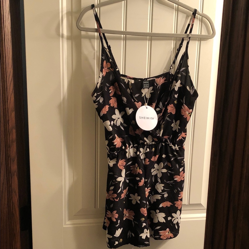 SHEIN Black Floral Slip Romper with Pink & Cream Flowers